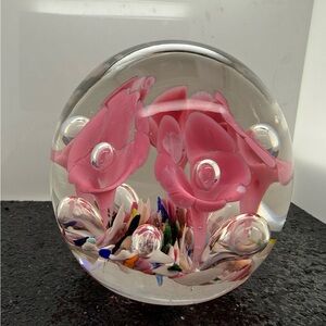 Vintage Joe St. Clair Pink Floral Glass Paperweight 3.5x4